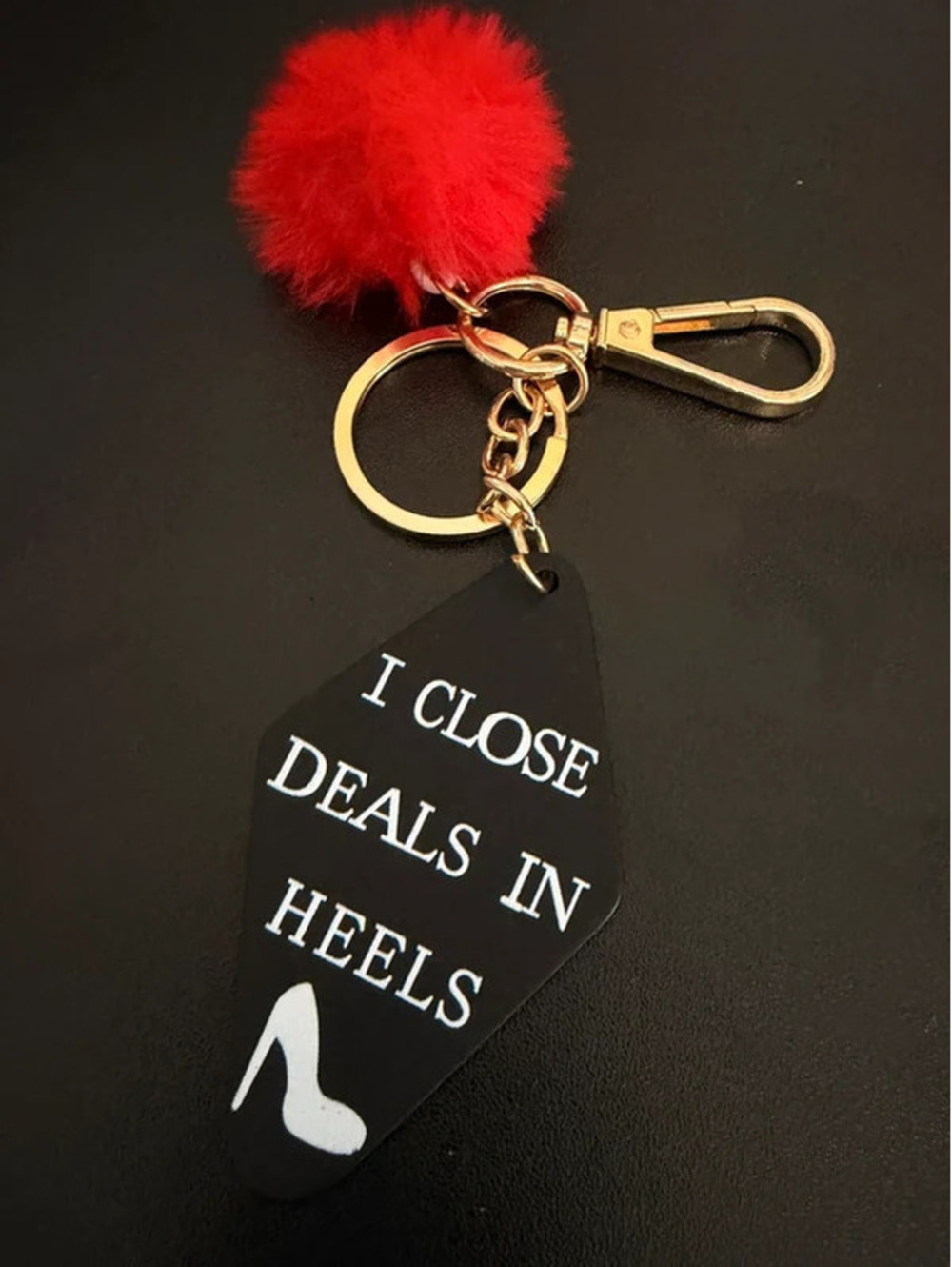 I Close Deals in Heels Keychain Red Pom Pom Gift for Her